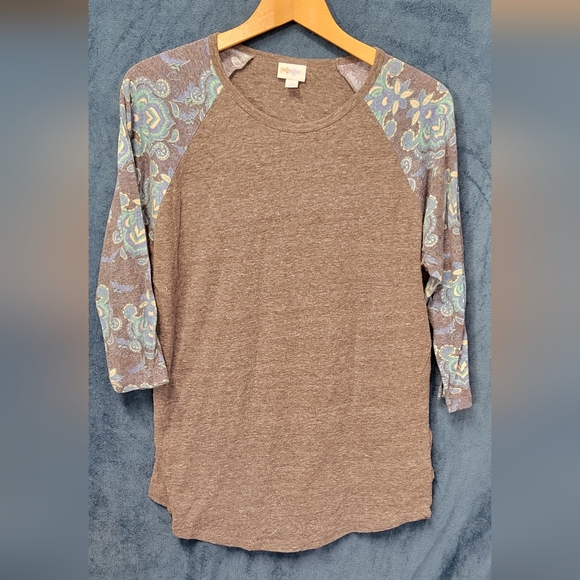 LuLaRoe Tops - LuLaRoe Brown Top with Blue and Green Patterned Sleeves